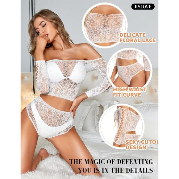 🆕Women White Lace Mesh Fishnet Baby doll  Long Sleeve See Through Lingerie - Picture 3 of 5